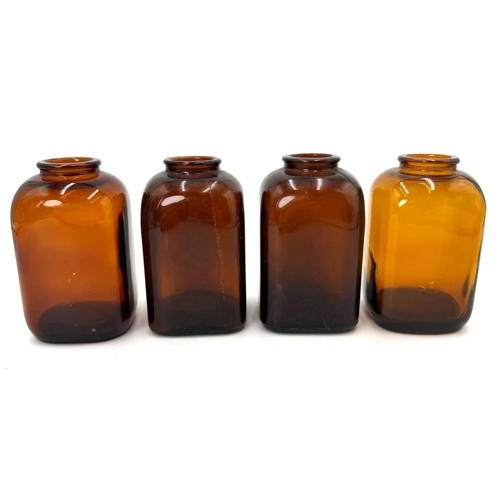 Vintage Amber Glass Apothecary Bottles Set of 4 Rectangular‎ Brown Glass Vases